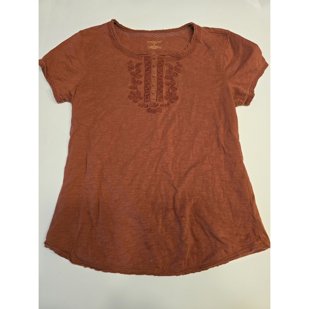 North‎ Crest Shirt Womens Size Small Short Sleeve Embroidered Top Blouse Rust
